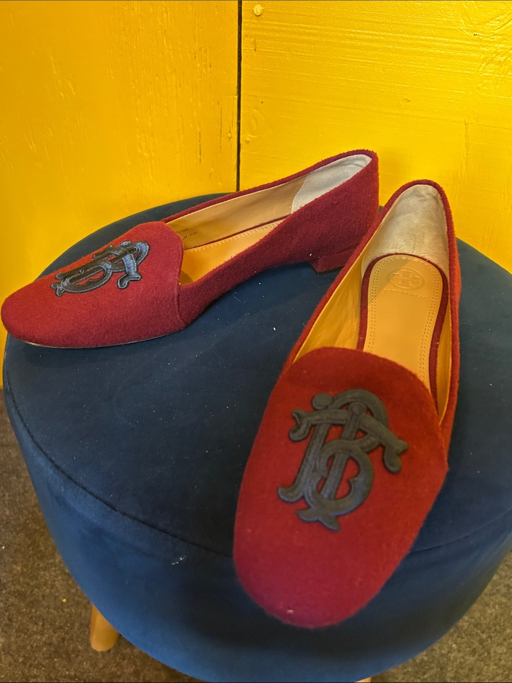 Tory Burch Burgundy Wool Felt Loafers with Black Monogram